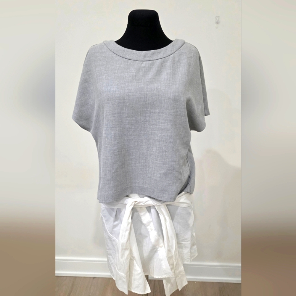NWT Zara Oversized Gray and White Tie Front Short Sleeve Blouse, XS